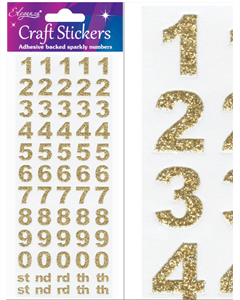 Guld glitter nummer klistermärken 0-9 på ark