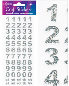 Silverglitter nummerklistermärken 0-9 på ark