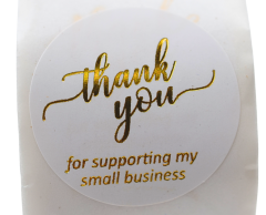 “Thank you for supporting my small business” runda klistermärken, vita med guldtext, på rulle, 25 mm, 500 st per rulle